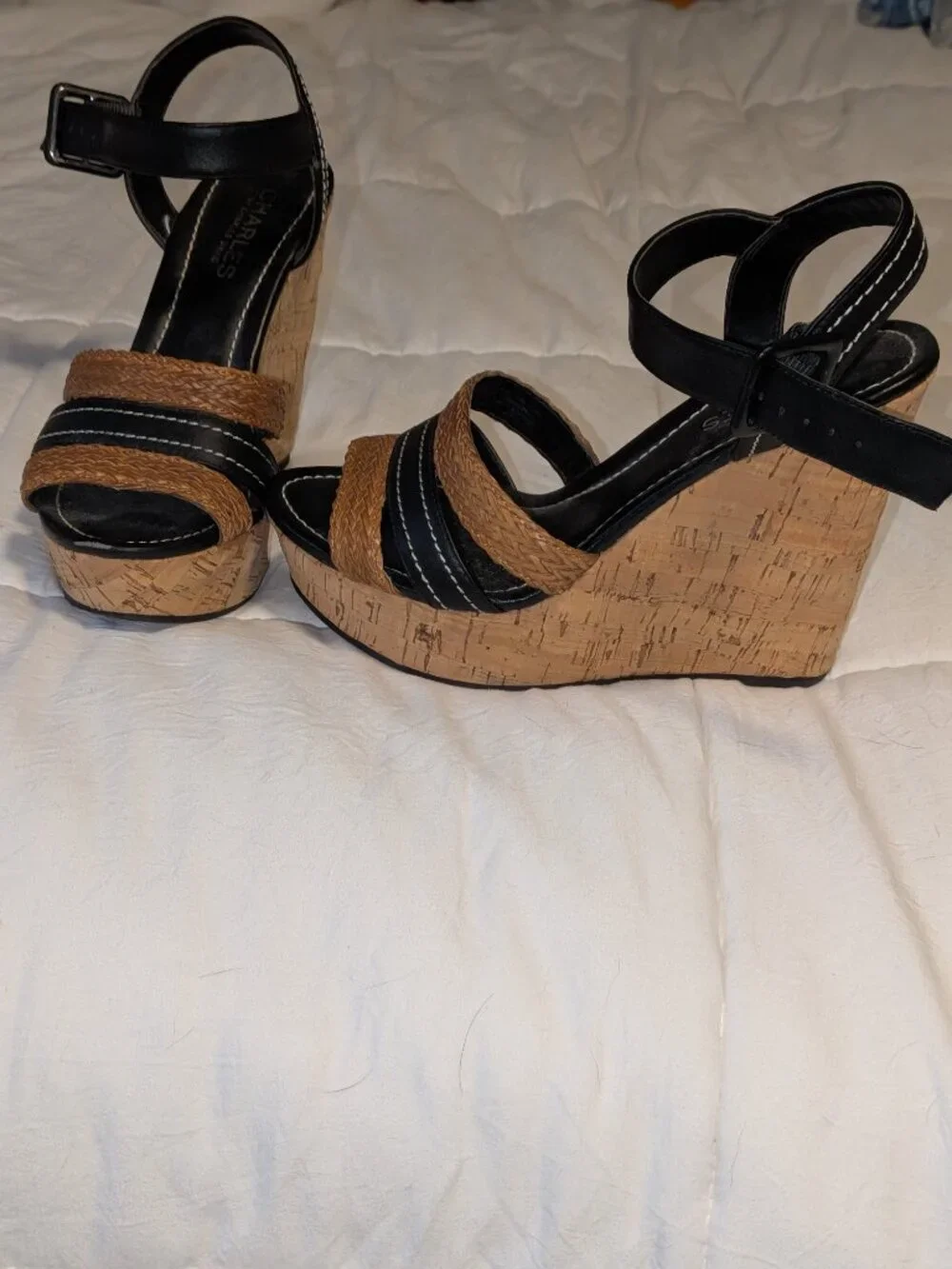 Charles by Charles David sandel Black Size 7 1/2 medium width cork wedge heel